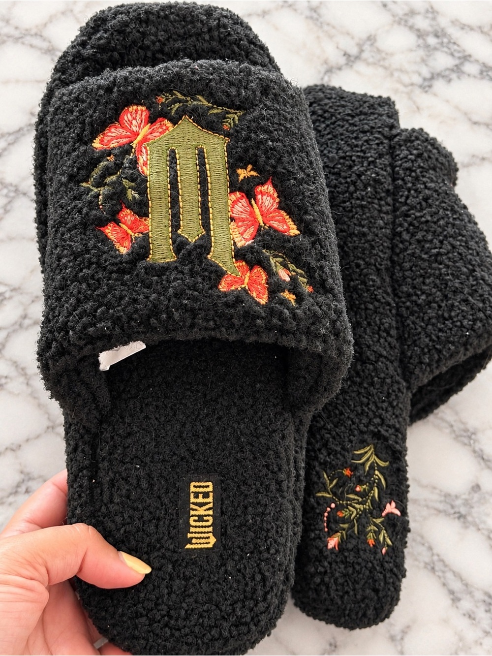 New. Wicked Black Fuzzy Embroidered Slippers Floral Butterfly Universal